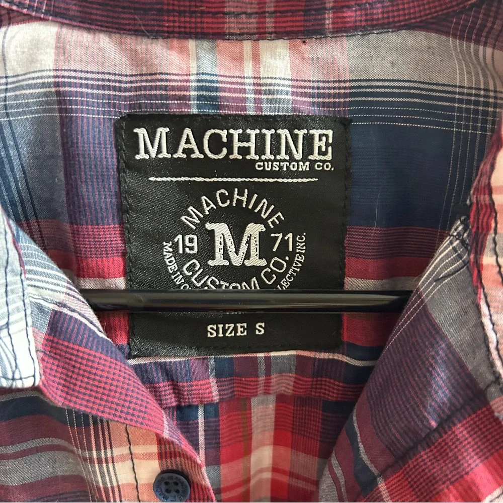 Machine Custom‎ Co Mens Red Navy Blue Plaid Short Sleeve Button Down Shirt Small